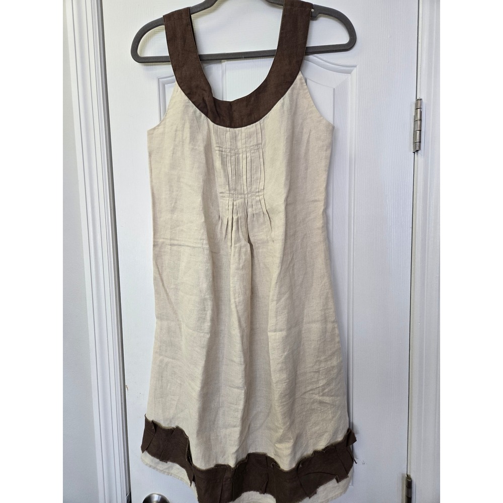 Promod Linen Blend Pintuck Shift Dress Cream Brown Contrast Trim Lagenlook  S‎